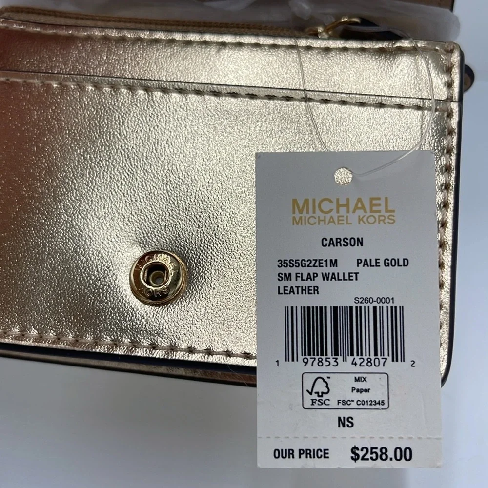 MICHAEL KORS Carson Small Metallic Pebbled Leather Wallet Pale Gold  NWT